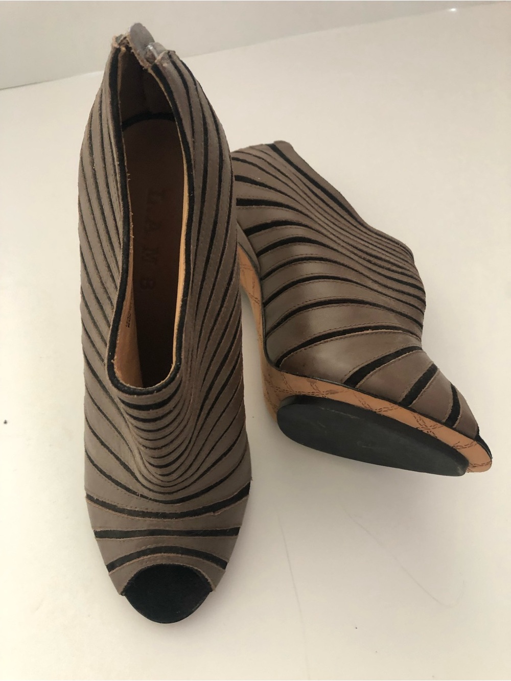 L.A.M.B. Taupe and Black Striped Peep-Toe Ankle Booties